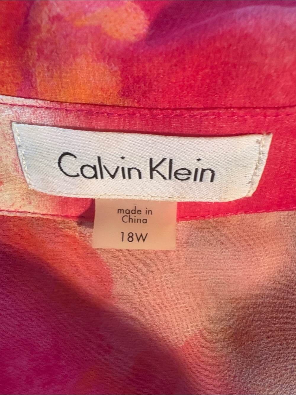 Calvin Klein 18 Belted,Sleeveless, Lined Collared Pink-Orange Watercolor Dress - Picture 3 of 4